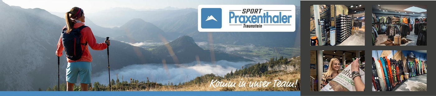 Banner für die Karriereseite von Sportpraxenthaler, beinhaltet Logo und Bilder vom Geschäft Sport Praxenthaler