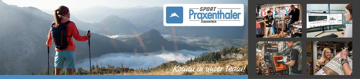 Banner für die Karriereseite von Sportpraxenthaler, beinhaltet Logo und Bilder vom Geschäft Sport Praxenthaler
