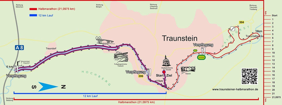 Route vom Halbmarathon und 12 km Lauf durch Traunstein