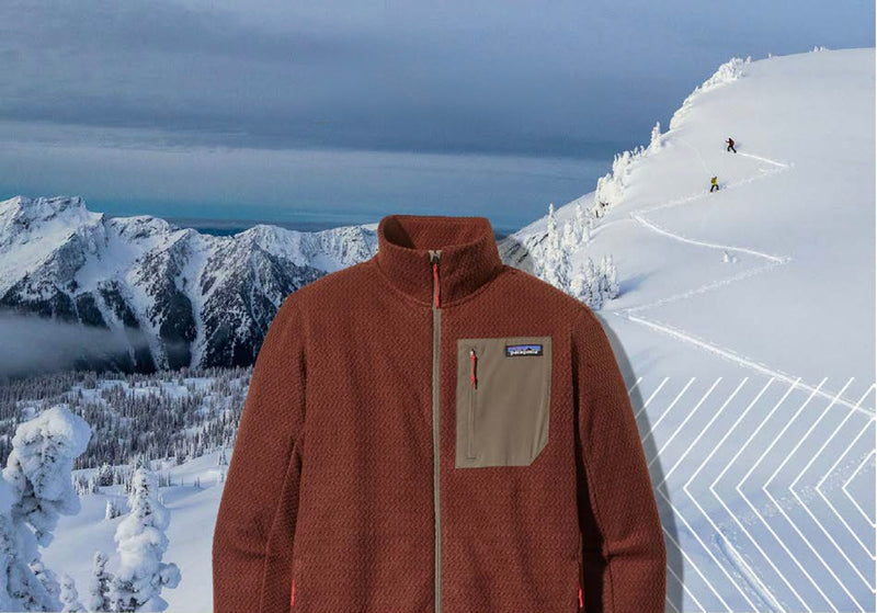 Patagonia Fleece vor einem Hintergrundbild mit Skitourengehern.